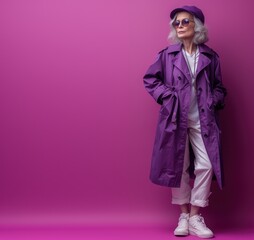 image of a beautiful and elegant old influencer woman. Cool grandmother posing in studio wearing fashionable clothes.