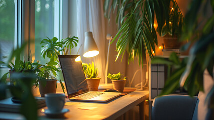A stunning home office setup featuring a sleek minimalist desk adorned with tasteful decor. Lush green plants bring life and freshness to the space, creating a calming and productive ambianc - obrazy, fototapety, plakaty