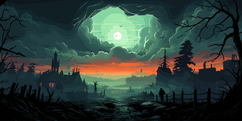 Panorama of the zombie apocalypse on the background of the cemetery. Silhouettes of scary zombies walking through the cemetery. vector