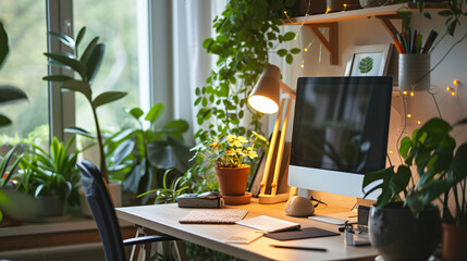 A stunning home office setup featuring a sleek minimalist desk adorned with tasteful decor. Lush green plants bring life and freshness to the space, creating a calming and productive ambianc - obrazy, fototapety, plakaty