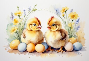 Two Cute Baby chick with eggs in basket Little chicken with spring flowers Pastel watercolor White background Happy Easter banner Isometric Good for postcards, poster kid's room, canvas, Generative AI