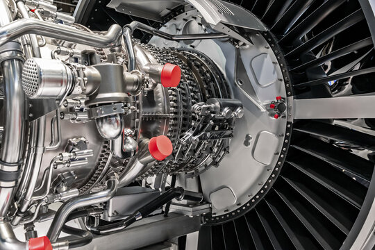 Large aircraft engine close-up.