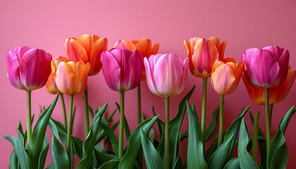 Pink and orange tulips on the pink background. Flat lay, top view. Valentines background. Horizontal, banner format Copy space. Spring design