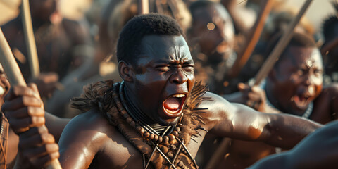Zulu warriors in battle