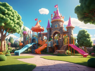 Kids castle playground on a sunny day design. Ai. Park, gardening design. - obrazy, fototapety, plakaty