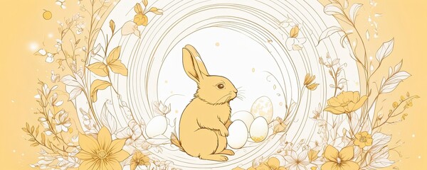 Obraz premium easter bunny with eggs and flowers in circle Art Nouveau style Cute rabbit with flowers on golden background Happy Easter banner Generative AI
