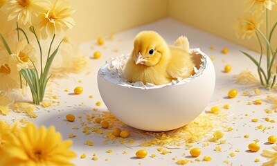 Yellow baby chicken hatching from egg, Cute little chick with Easter eggs. Generative AI