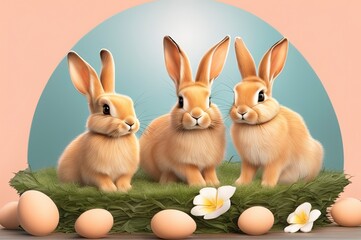 Fototapeta na wymiar Three adorable bunnies on the grass with flowers and Easter eggs Cute rabbit with eggs Pastel pink background Happy Easter. Generative AI
