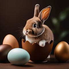 Cute Brown Easter bunny hatching from chocolate Easter egg Adorable rabbit in egg Happy Easter. Generative AI