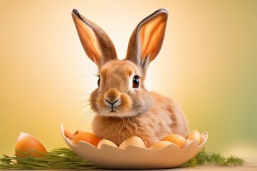Fototapeta na wymiar Cute Easter bunny and Easter eggs Adorable rabbit in broken egg, Happy Easter banner. Generative AI