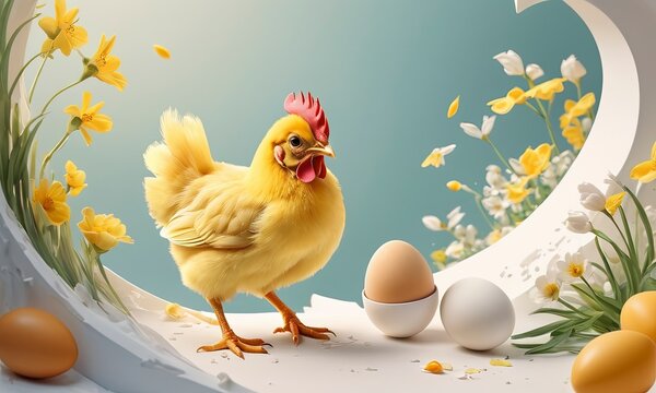 Easter chicken and Easter eggs and flowers, blue background Cute chick with Easter eggs. Happy Easter banner Illustration Generative AI
