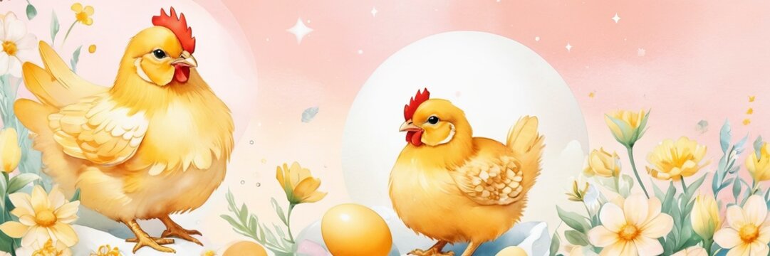 two Easter chickens and Easter eggs in a meadow and flowers, pink background Cute little chick with Easter eggs. Happy Easter banner Illustration Generative AI