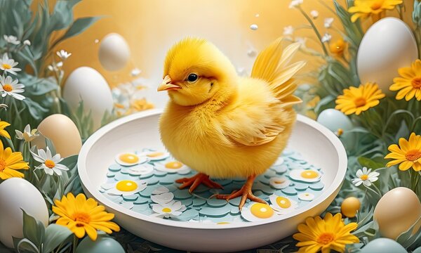 Yellow baby chicken and eggs, Cute little chick with Easter eggs. Generative AI