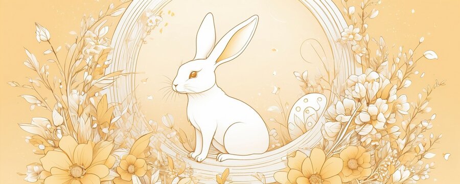 easter bunny with egg and flowers in circle Art Nouveau style Cute rabbit with flowers Happy Easter banner Golden and white colors Generative AI