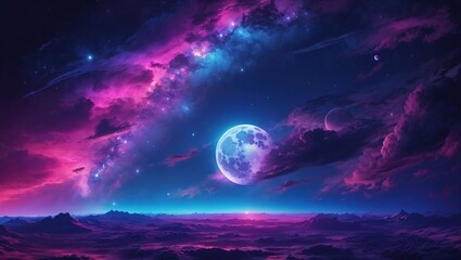 Neon Night Sky Clouds, Moon, and Stars Wallpaper