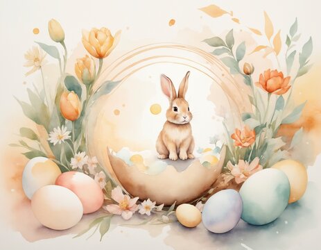 easter bunny with eggs and flowers, isometric pastel color watercolor painting. Good for postcards, poster, kid's room, canvas, Generative AI	