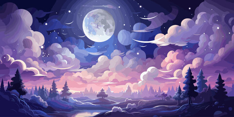vector illustration of cumulonimbus clouds at night with a background of starry night and a big full moon vector flat bright colors
