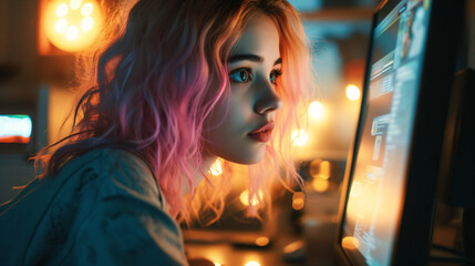 A young and forward-thinking graphic designer, in her mid-20s, captivated by her imaginative designs. Her vibrant, colored hair reflects her creative personality, while her focused expressio