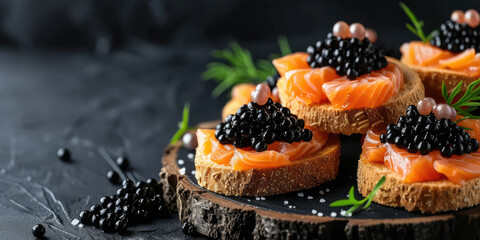 Gourmet Salmon and Caviar Appetizer. Elegant canapés with smoked salmon topped with sturgeon black caviar, copy space. - obrazy, fototapety, plakaty