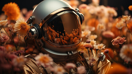 An astronaut helmet merges with the vivid earthiness of a flower garden, crafting a surreal fusion of exploration and nature
