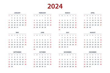 Quarter calendar template for 2024 year. Wall calendar grid in a minimalist style. Week Starts on Sunday.