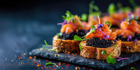 Gourmet Salmon and Caviar Appetizer. Elegant canapés with smoked salmon topped with sturgeon black caviar. - obrazy, fototapety, plakaty