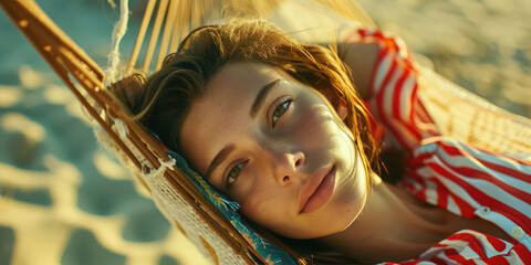 Relaxed Woman in Hammock. Portrait of Young pretty girl lying in a hammock in summer sandy beach, tropical seashore.