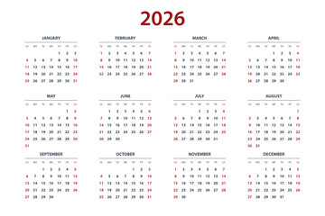 Quarter calendar template for 2026 year. Wall calendar grid in a minimalist style. Week Starts on Sunday.