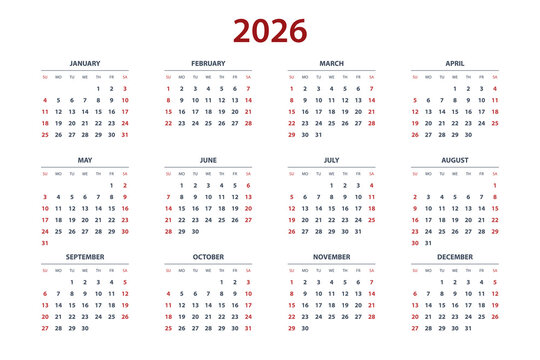 Quarter calendar template for 2026 year. Wall calendar grid in a minimalist style. Week Starts on Sunday.