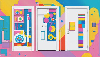 Different colorful and artistically with shapes and colors designed doors in a graphically designed illustration