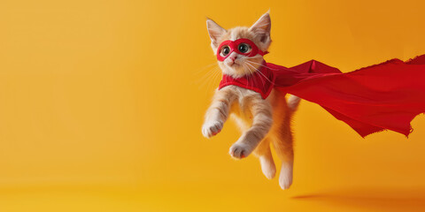 Superhero Kitty in Flight. A charming funny kitten with superhero cape and mask , embodying whimsy and adventure, copy space.