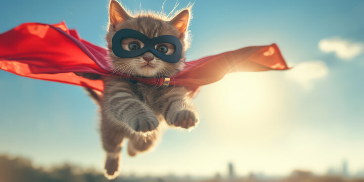 Superhero Kitty in Flight. A charming funny kitten with superhero cape and mask , embodying whimsy and adventure.