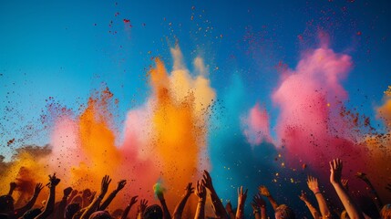 Vibrant images showcasing people throwing bright colored powders in the air during the Holi festival - obrazy, fototapety, plakaty