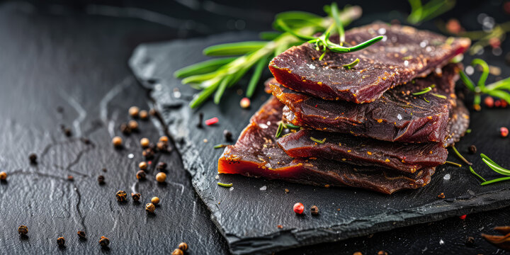 Spiced Smoked Beef Jerky Close-up. Close-up of smoked beef jerky seasoned with herbs and spices on a table background, copy space.