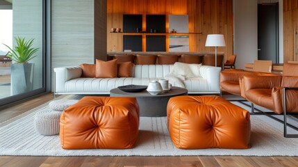 Sleek leather poufs add a contemporary touch to this stylish lounge area