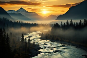 Sunrise illuminating a misty river valley flanked by mountains - Powered by Adobe