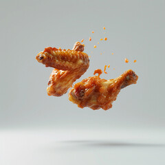 Fresh chicken wings, Hot wings floating in the air. Tasty and delicious.
