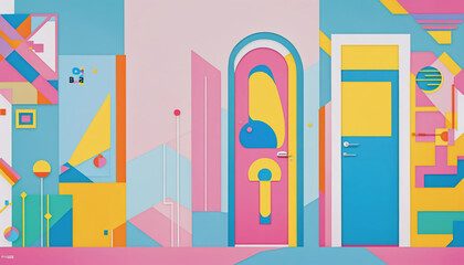 Different colorful and artistically with shapes and colors designed doors in a graphically designed illustration