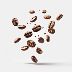 Fototapeta premium Coffee Beans floating in the air. Roasted, delight senses. On white background.