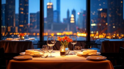 Romantic dinners against urban backdrops feature skyline panoramas