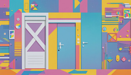 Different colorful and artistically with shapes and colors designed doors in a graphically designed illustration