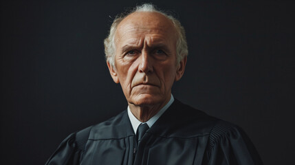 A dignified and commanding judge in his 50s exudes an aura of fairness and stern authority. His neatly combed hair and the traditional judi he wears enhance his distinguished appearance, cap