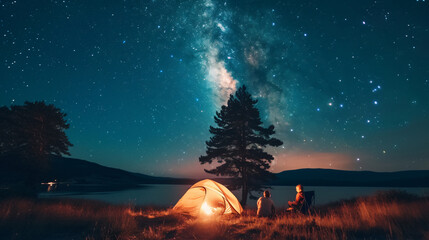 A beautiful moment unfolds as a family gathers around a cozy campfire, gazing at a mesmerizing starry sky. This picture-perfect scene captures the essence of outdoor adventure and the powerf