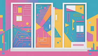 Obraz premium Different colorful and artistically with shapes and colors designed doors in a graphically designed illustration