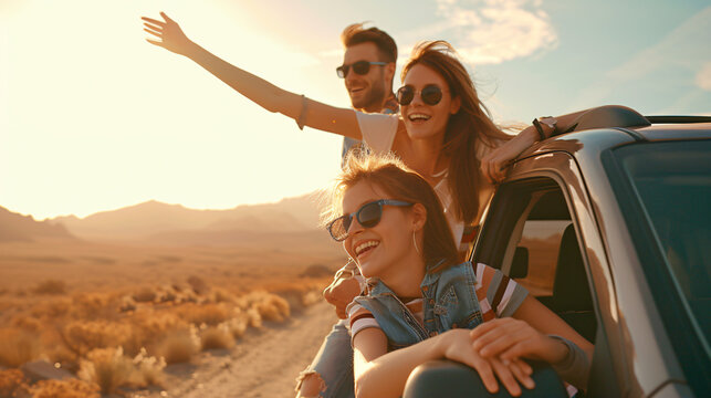 A heartfelt image capturing the essence of a family road trip, as they embark on a journey of travel, exploration, and bonding. Vibrant and joyful, this photo showcases the beauty of being t