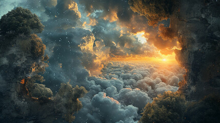 Obraz premium A surreal dreamscape where reality is fractured and fragmented, creating a surreal landscape of shattered perceptions and disjointed memories.