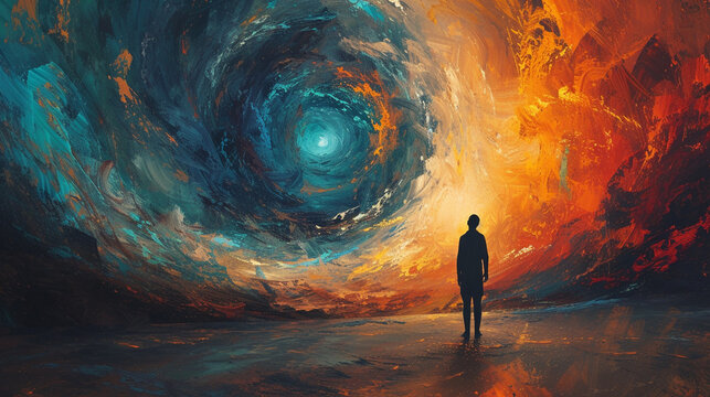 A figure surrounded by a swirling maelstrom of conflicting thoughts and emotions, struggling to find clarity amidst the chaos.