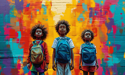 young afro-american kids in front of colorful graffiti wall, urban children, black history month...