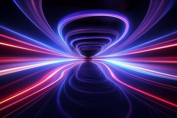 Fototapeta premium Abstract panoramic background of twisted dynamic neon lines glowing in the dark room with floor reflection. Virtual fluorescent ribbon loop. Fantastic minimalist wallpaper