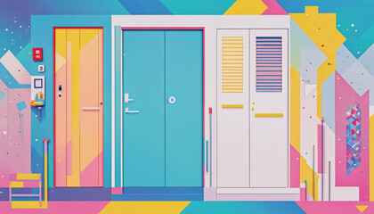 Different colorful and artistically with shapes and colors designed doors in a graphically designed illustration - obrazy, fototapety, plakaty